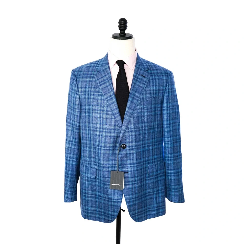 $2,990 ZEGNA - Blue Plaid Wool/Silk/Linen Blazer - 46R